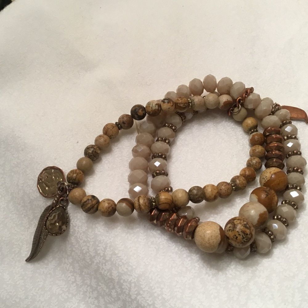 Three Strand Copper & White Stretch Bracelet - Picture 2 of 5